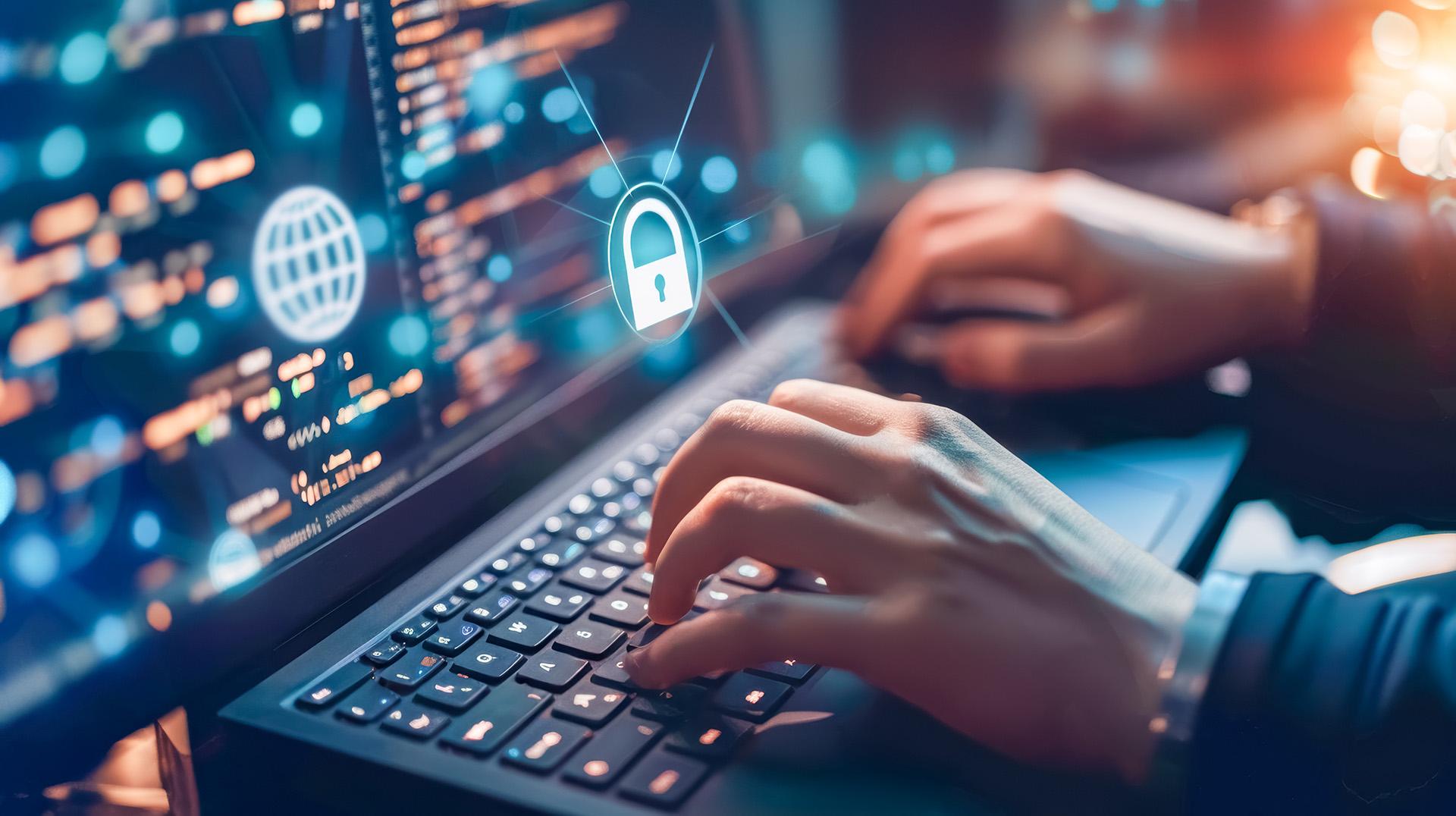 Person typing on a keyboard and screen with a floating lock symbolizing technical audits