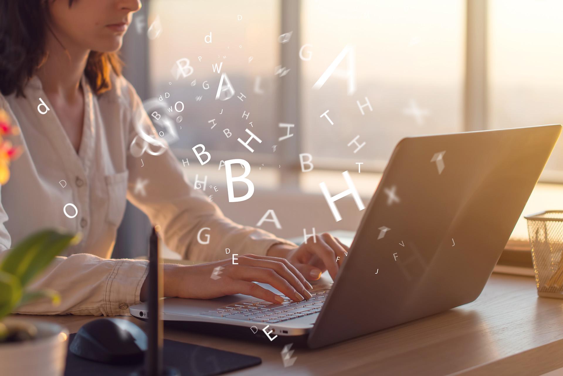 Person typing on a laptop with floating letters representing quality content